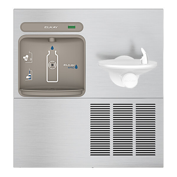 A stainless steel bottle filling station and water fountain combination unit.