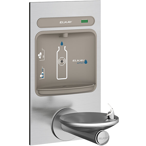 An Elkay stainless steel water bottle filling station over a water fountain.