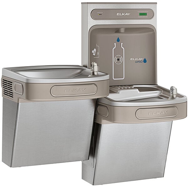 An Elkay stainless steel bi-level water fountain with a bottle filler and drinking fountain.