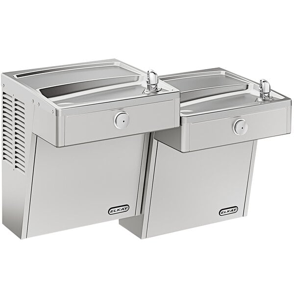 An Elkay stainless steel bi-level drinking fountain with water fountains.