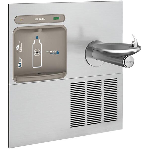 A stainless steel Elkay water dispenser retrofitted with a bottle filling station.