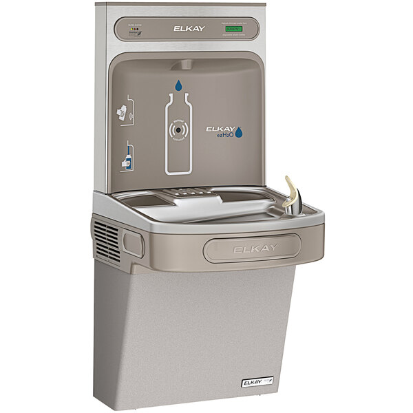 An Elkay light gray water fountain with a water bottle filling station.