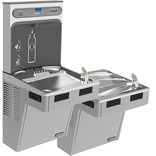 An Elkay light gray bi-level water fountain with a drinking fountain and a bottle filling station.