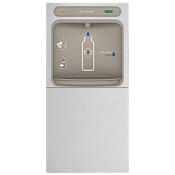 An Elkay stainless steel in-wall water dispenser filling a bottle.