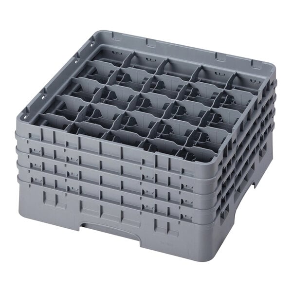 A stack of soft gray plastic Cambro glass racks.