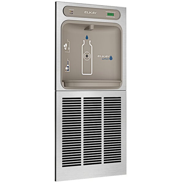 A stainless steel Elkay water dispenser with a bottle filling station.