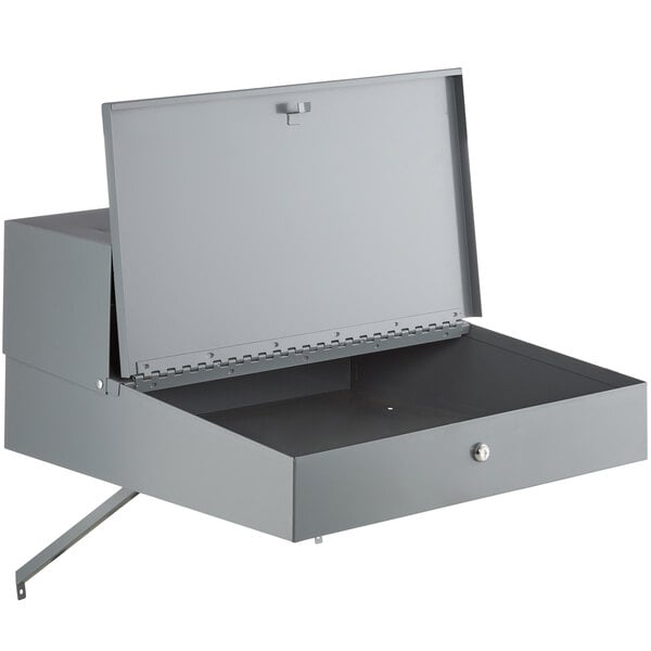 A grey Lavex wall mount receiving desk with an open lid.