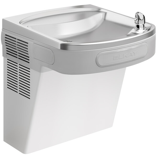 An Elkay stainless steel wall mount drinking fountain with an extra deep basin.