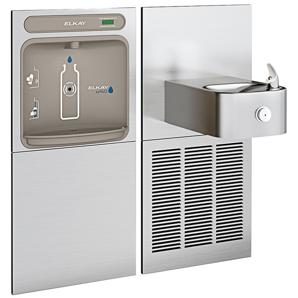 An Elkay stainless steel chilled hands-free bottle filling station over a water fountain.