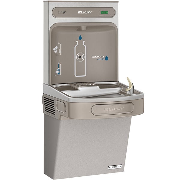 An Elkay light gray drinking fountain and bottle filling station.