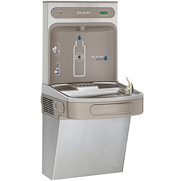 An Elkay stainless steel water fountain with a water bottle filler.