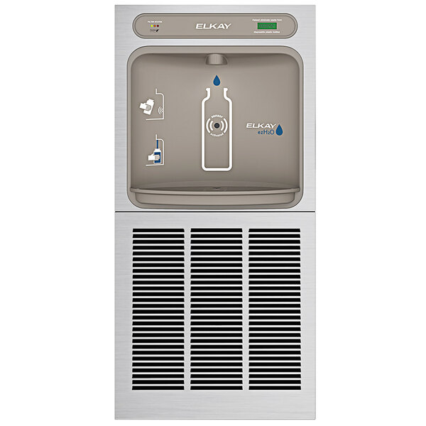 An Elkay stainless steel in-wall water bottle filling station with a bottle in the middle.
