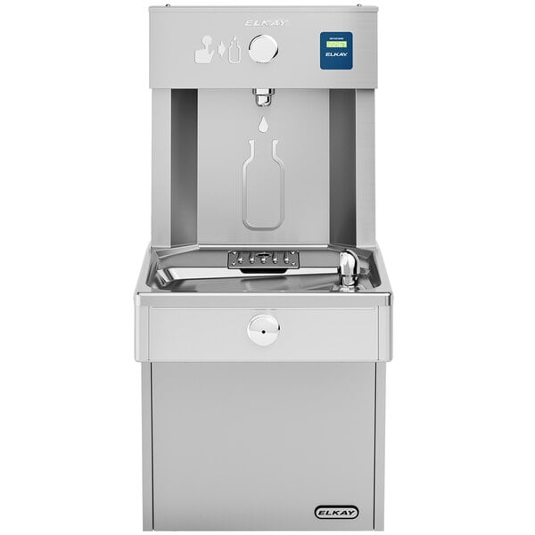 An Elkay stainless steel water fountain with a bottle filling station.