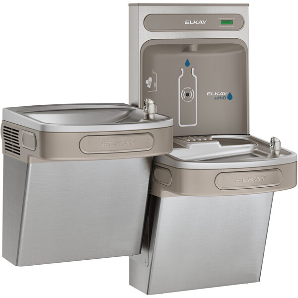 An Elkay stainless steel bi-level water fountain with a bottle filler and drinking fountain.