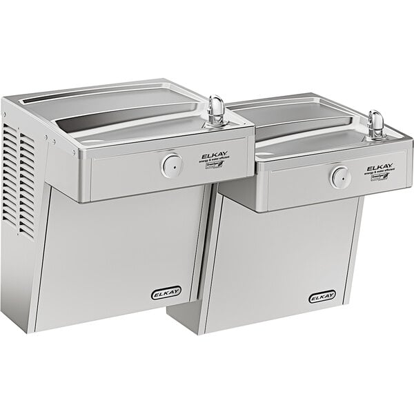 An Elkay stainless steel wall mount drinking fountain with glass filler.