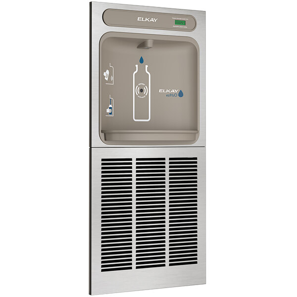 An Elkay stainless steel in-wall water bottle filling station.