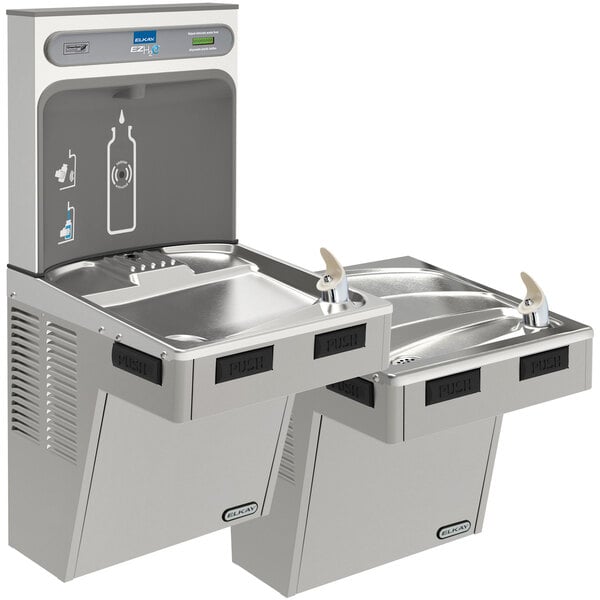 An Elkay light gray bi-level drinking fountain and bottle filling station with two water dispensers.