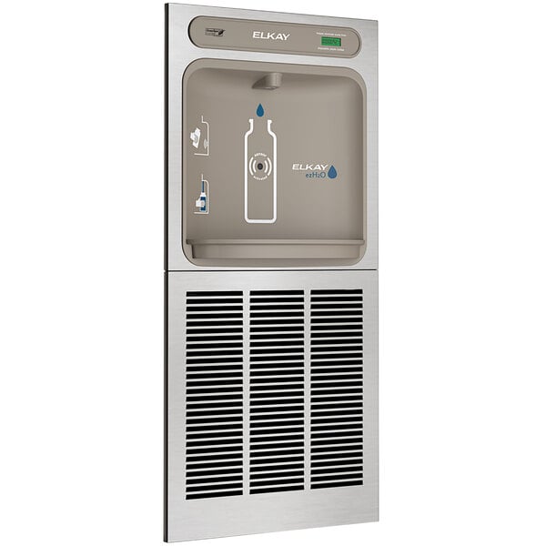 An Elkay stainless steel in-wall water bottle filling station.