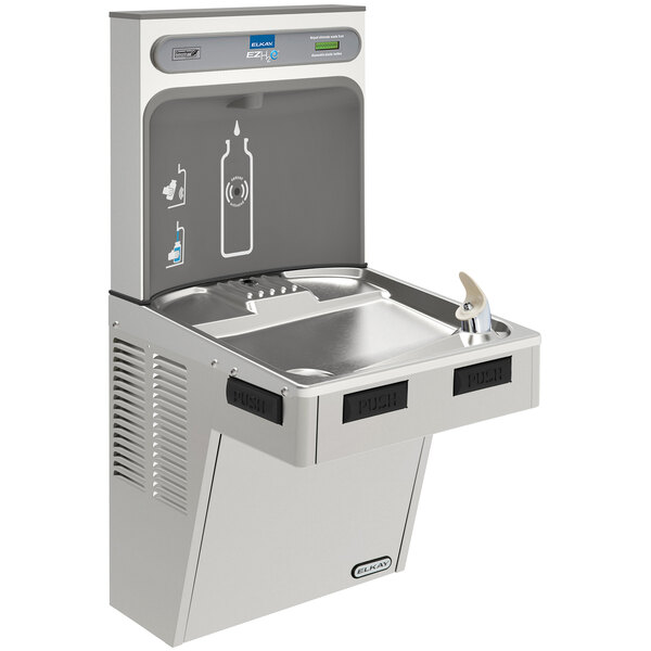 An Elkay stainless steel water fountain with a bottle filling station.