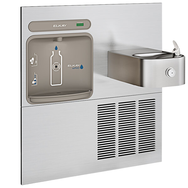 An Elkay stainless steel water dispenser retrofitted with a water bottle filling station.