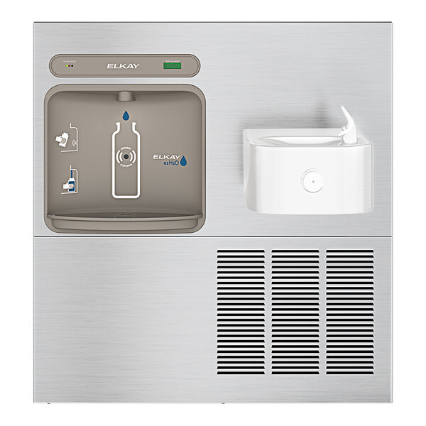 A wall-mounted bottle filling station and water fountain combination unit.
