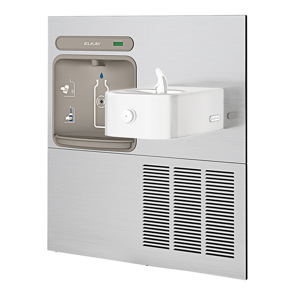 A wall-mounted bottle filling station and water fountain combination unit with a stainless steel finish.