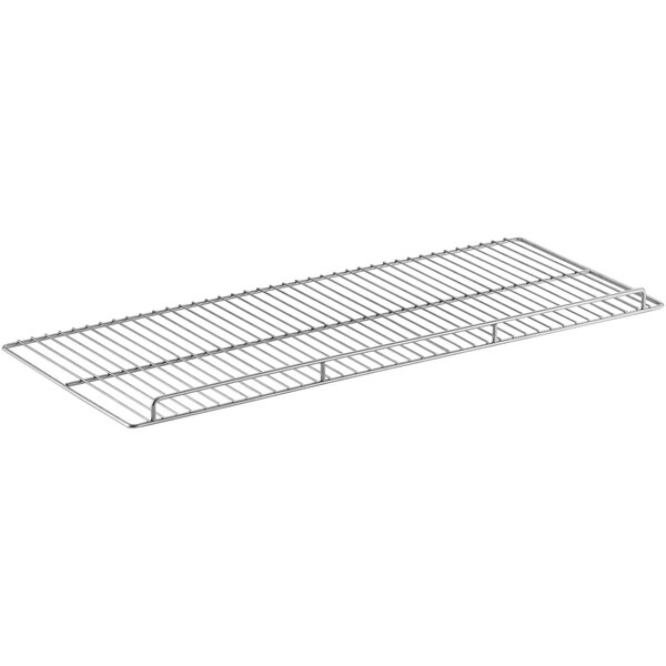 An Avantco metal shelf with a wire rack on it.