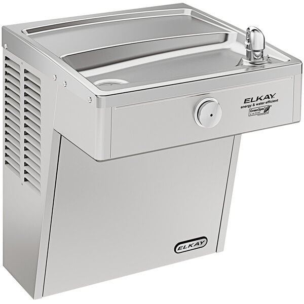 An Elkay stainless steel wall mount chilled water fountain with a water tap.