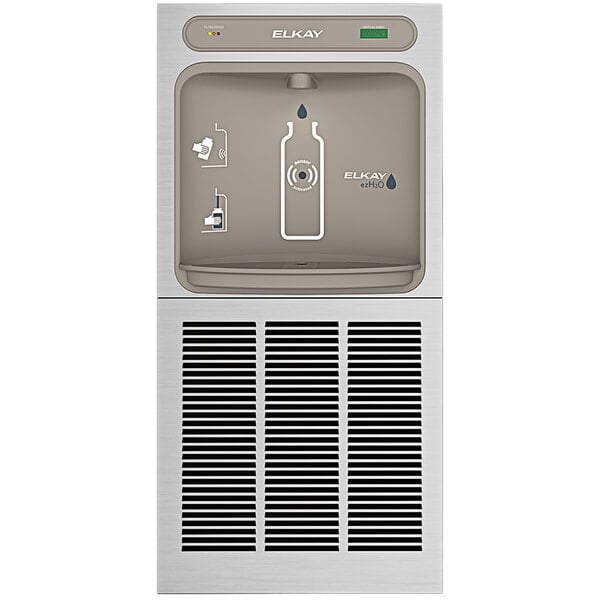 An Elkay stainless steel in-wall water bottle filling station with a water bottle.