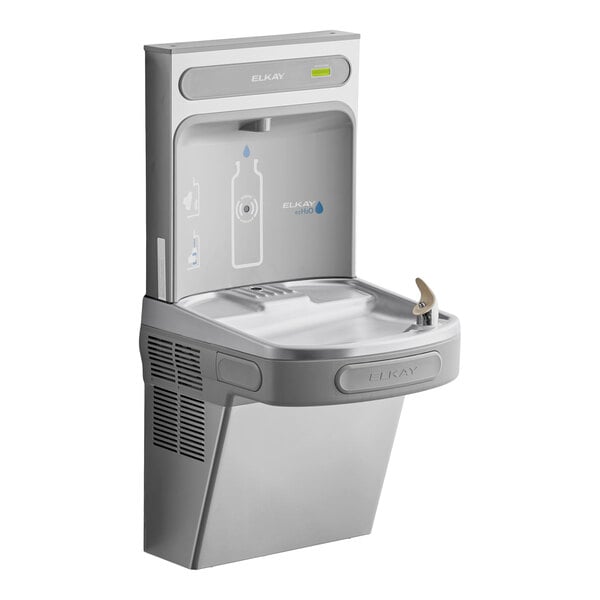 A stainless steel hands-free bottle filling station with an integrated drinking fountain.