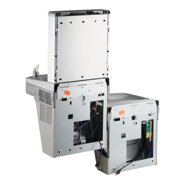 A bi-level, light gray hands-free filtered bottle filling station with a vandal-resistant drinking fountain and exposed internal components.