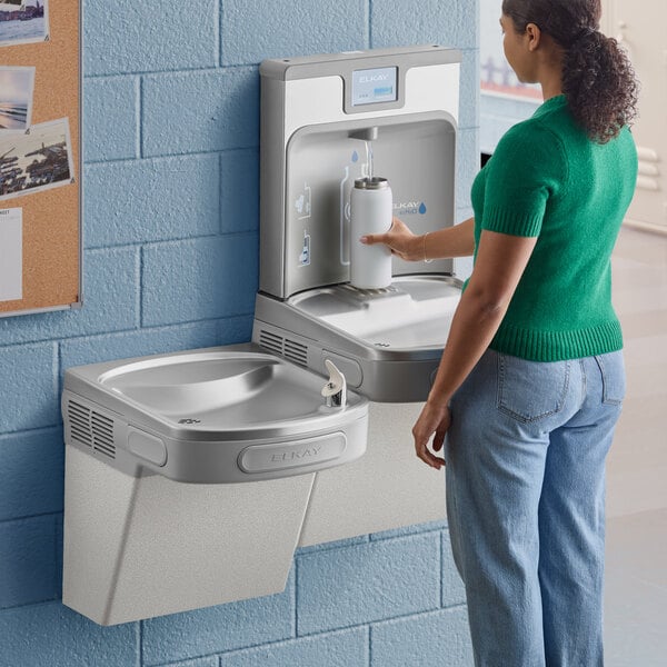 Zurn Elkay LZSTL8WSLK ezH20 8 GPH Light Gray Hands-Free Filtered Bottle Filling Station with Versatile Bi-Level Vandal-Resistant Drinking Fountain - Chilled
