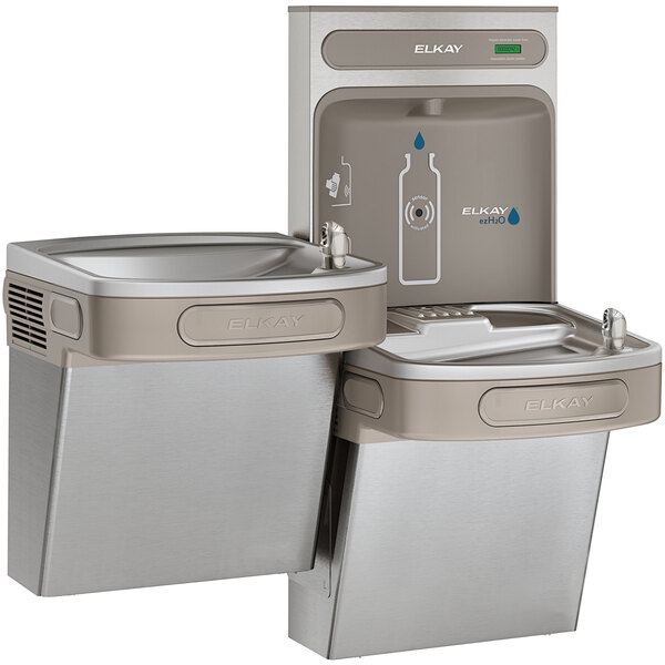 An Elkay stainless steel bi-level water fountain with a bottle filling station on top.