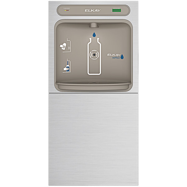 An Elkay stainless steel in-wall hands-free water bottle filling station with a bottle filler.
