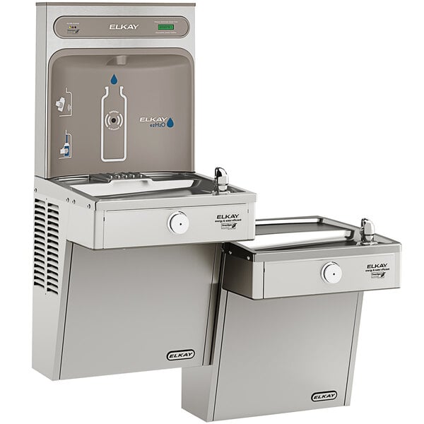 An Elkay stainless steel bi-level water fountain and bottle filling station.