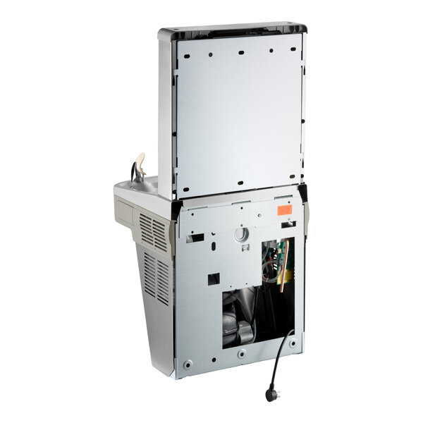 A stainless steel hands-free filtered bottle filling station with an integrated drinking fountain and visible internal components.