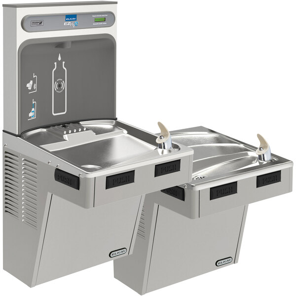 An Elkay light gray bi-level water fountain with a bottle filling station and a drinking fountain.