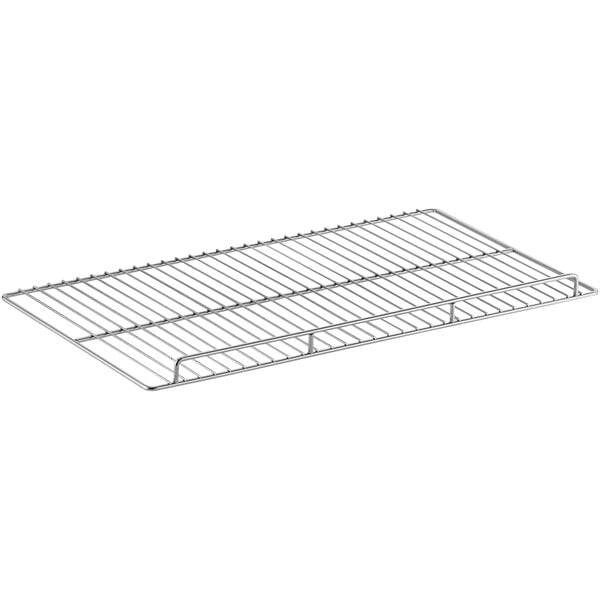 A metal rack with a wire grid on it, the Avantco Lower Shelf for Bakery Display Cases.