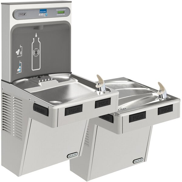 An Elkay stainless steel bi-level water and bottle filling station.