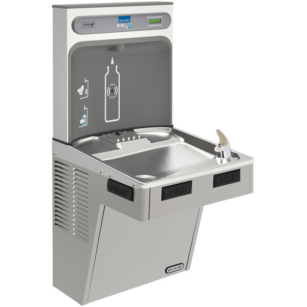 An Elkay light gray stainless steel water fountain with a water bottle filling station above it.