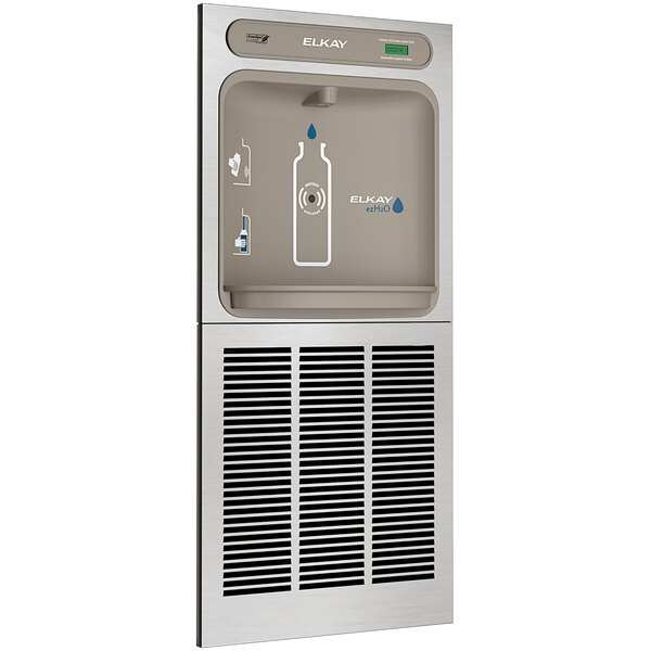 An Elkay stainless steel water bottle filling station over a water cooler.