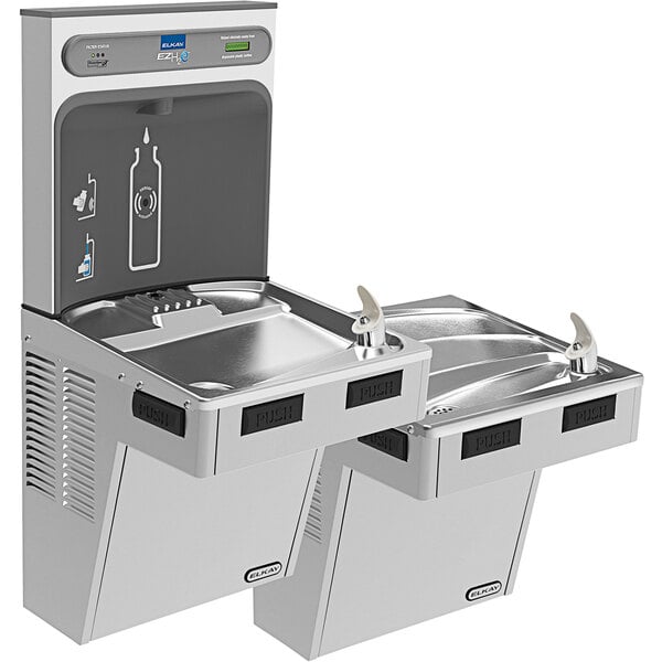 An Elkay stainless steel bi-level water fountain with a bottle filling station and drinking fountain.