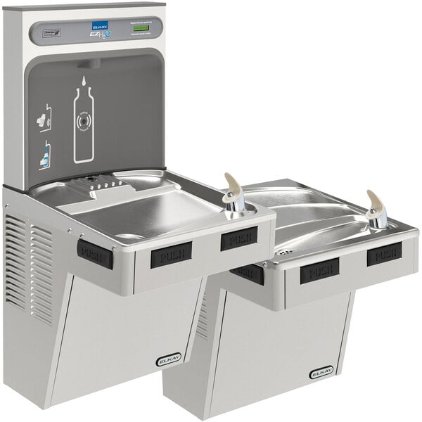 An Elkay stainless steel bi-level water fountain with a bottle filling station.