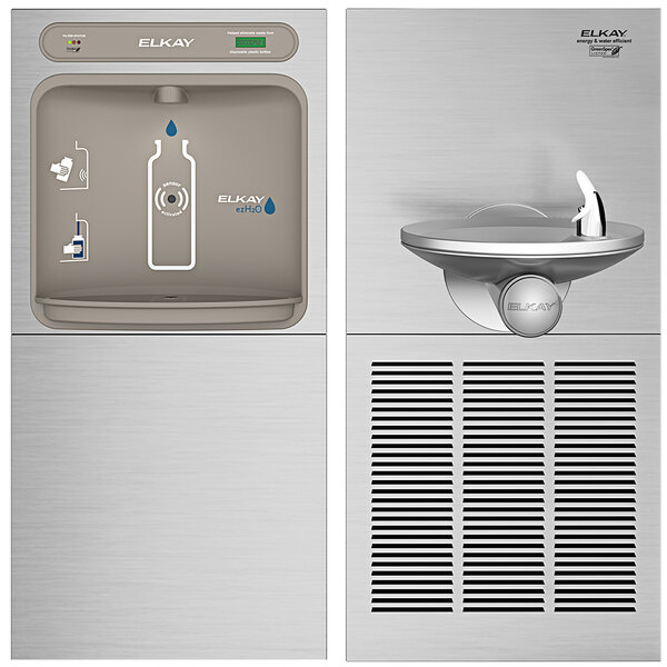 A stainless steel Elkay water bottle filling station above a drinking fountain.