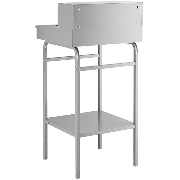 A grey rectangular Lavex stationary receiving desk with a shelf.