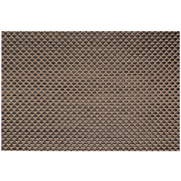 A white rectangular woven vinyl placemat with a black and brown basketweave border.