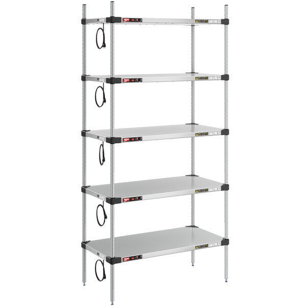 A Metro Super Erecta stainless steel heated takeout station with 5 shelves and chrome posts.