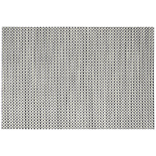 A close-up of a silver woven vinyl rectangle placemat with a basketweave design.