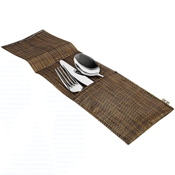 A copper mesh woven vinyl silverware pocket with a fork and spoon inside.