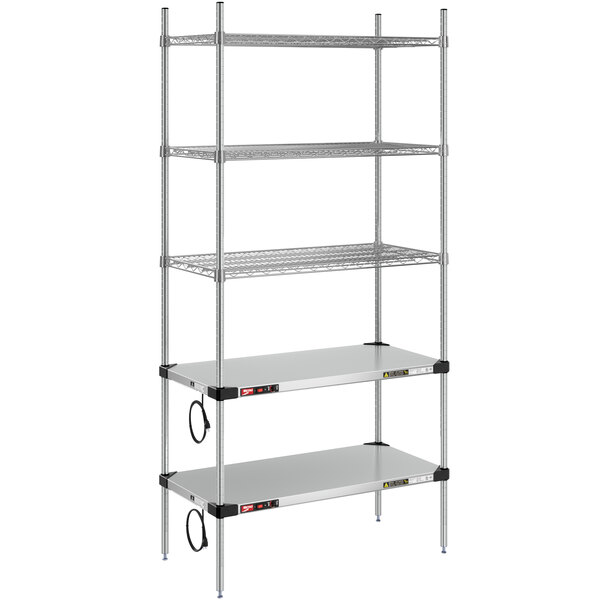 A Metro stainless steel shelving unit with heated shelves and chrome posts.